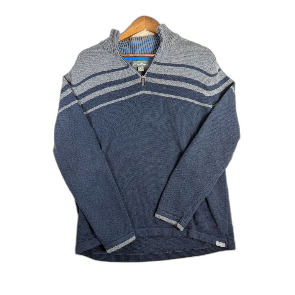 Eddie Bauer Men's 100% Cotton Quarter Zip Sweater Large Blue Gray Striped Preppy
